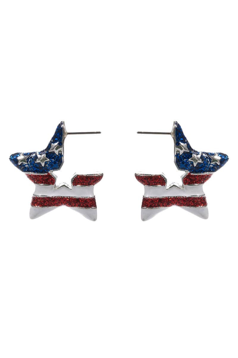 Star Enamel American Flag Post Pin Hoop Earrings