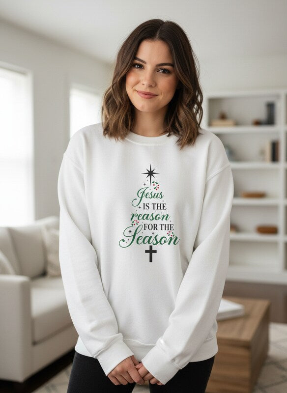 Jesus Is the Reason for the Season Sweatshirt | Christian Christmas Tree Design | Faith Holiday Crewneck