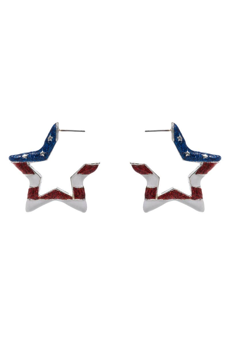 Star Enamel American Flag Post Pin Hoop Earrings