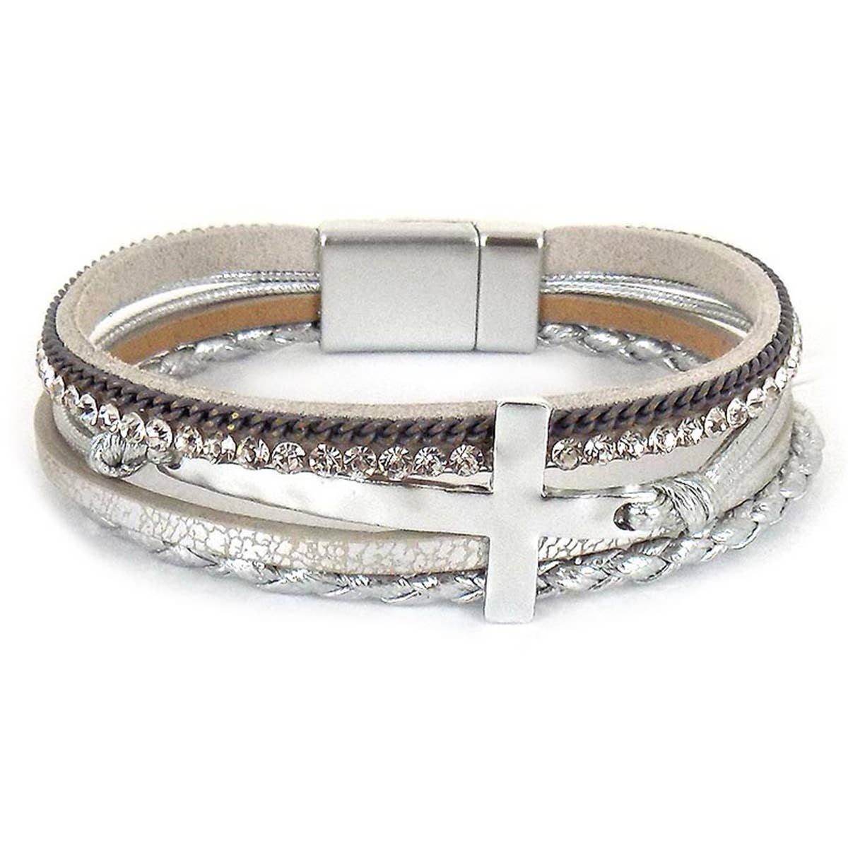 Hammered Cross Leather Strap Magnetic Bracelet