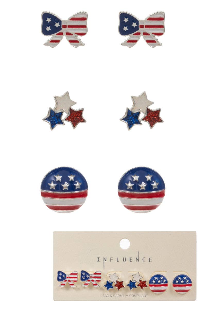 Star 3Set American Flag Color Enamel Post Earrings