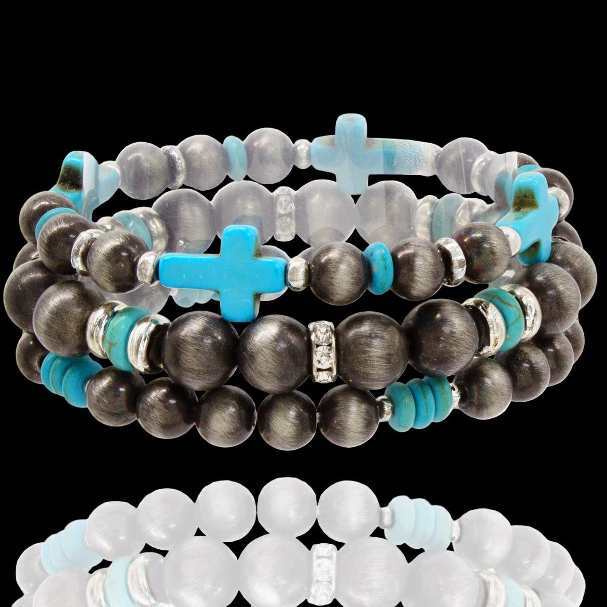 Turquoise Cross Western Pearl Stackable Stretch Bracelet