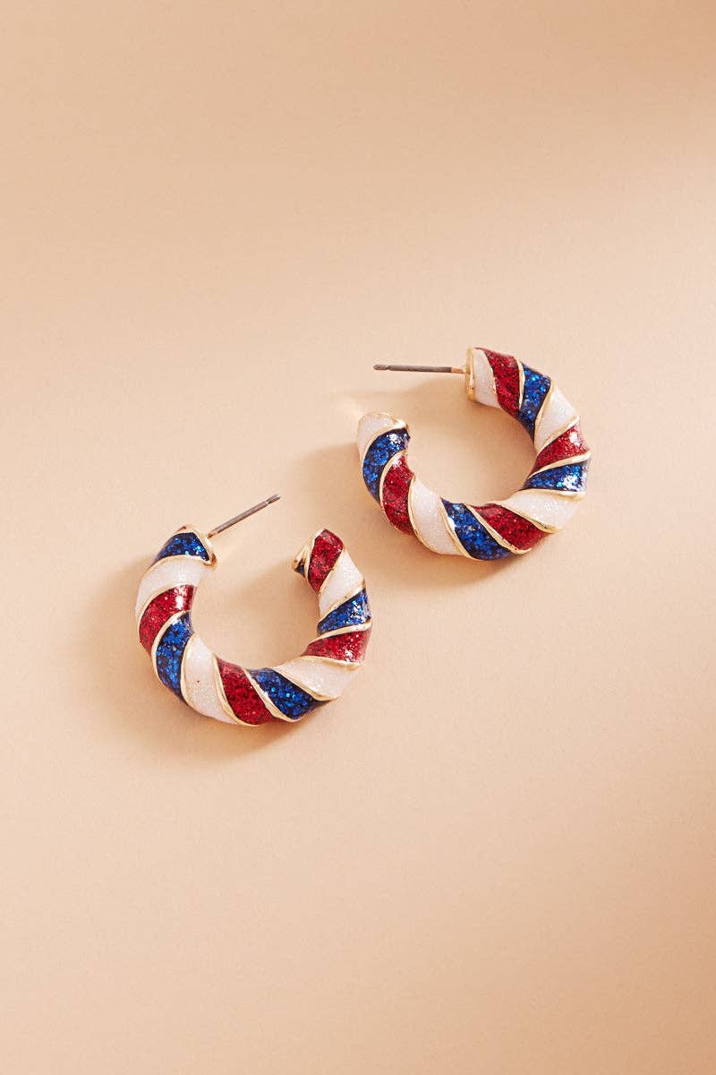 Round Enamel American Flag Post Pin Hoop Earrings