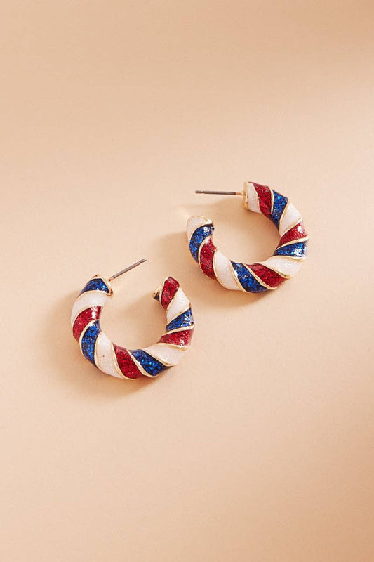 Round Enamel American Flag Post Pin Hoop Earrings