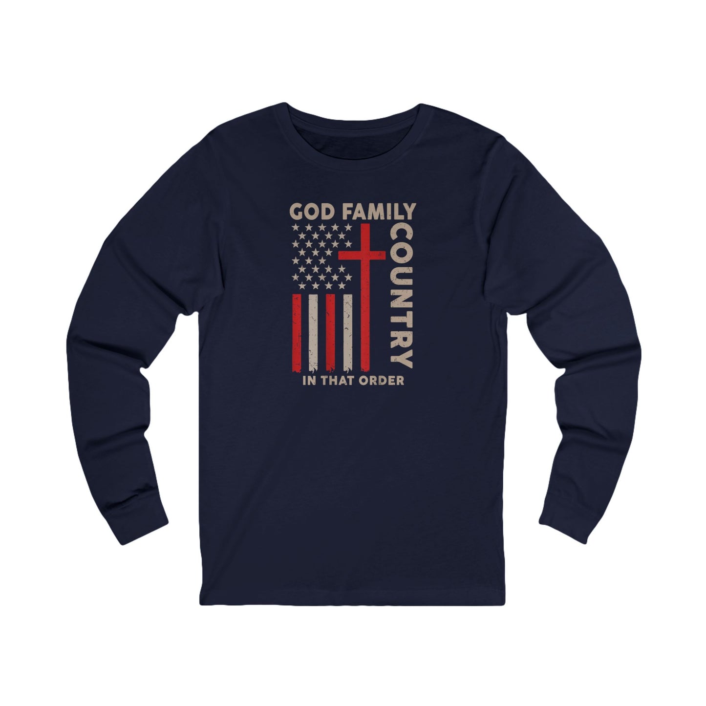God Family Country Cross American Flag Long Sleeve Tee