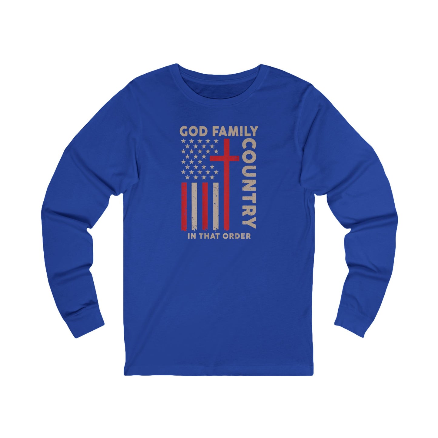 God Family Country Cross American Flag Long Sleeve Tee
