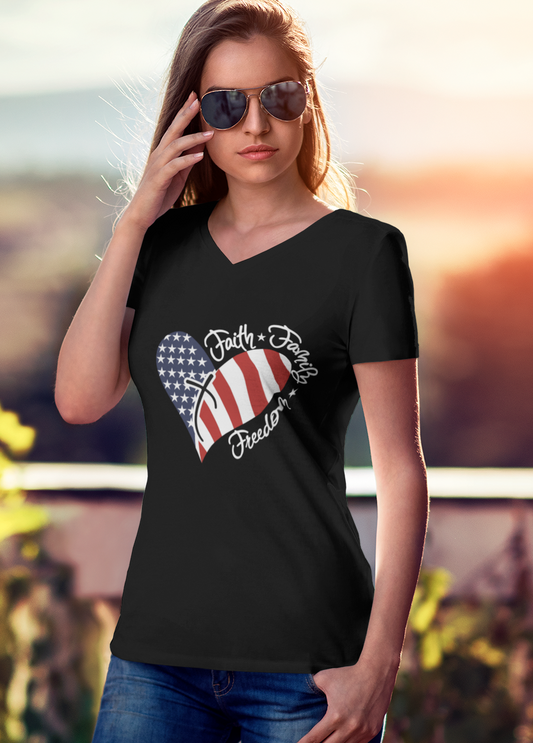 Patriotic V-Neck T-Shirt, Faith Family Freedom Tee, Women's Casual Top