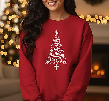 Christian Christmas Tree Sweatshirt | Faith Symbol Tree Design | Christian Holiday Crewneck | Red Christmas Sweater