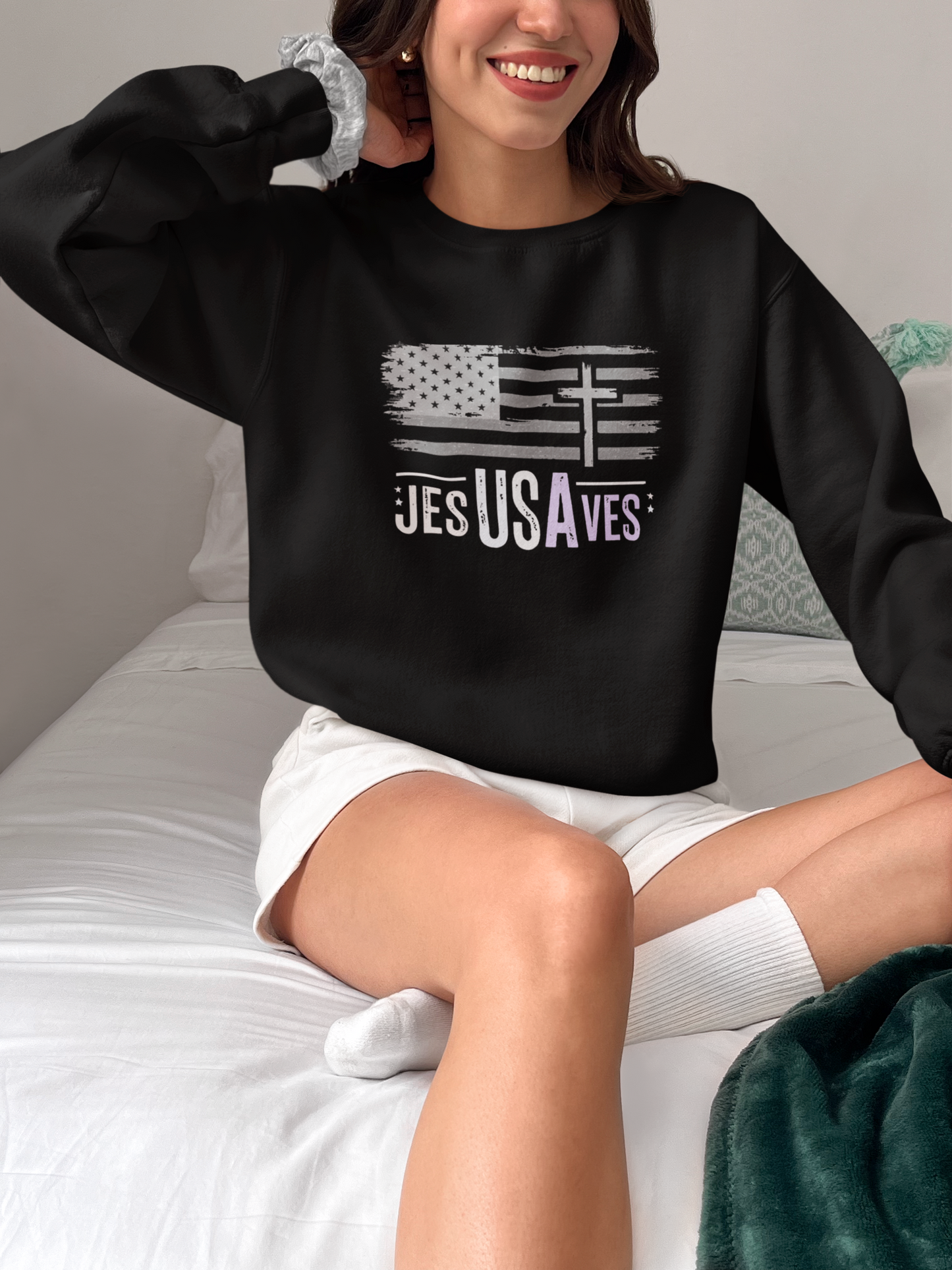 Jesus Saves American Flag Crewneck Sweatshirt — Faith Patriotic Pullover