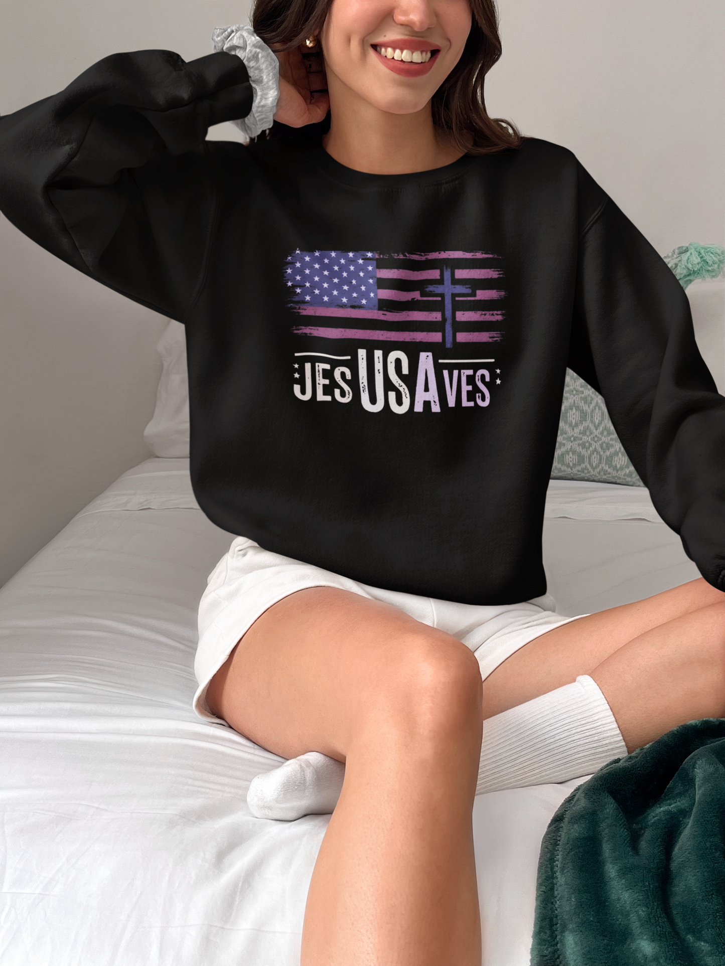 Jesus Saves American Flag Crewneck Sweatshirt — Faith Patriotic Pullover