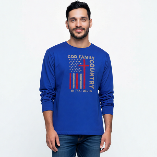 God Family Country Cross American Flag Long Sleeve Tee