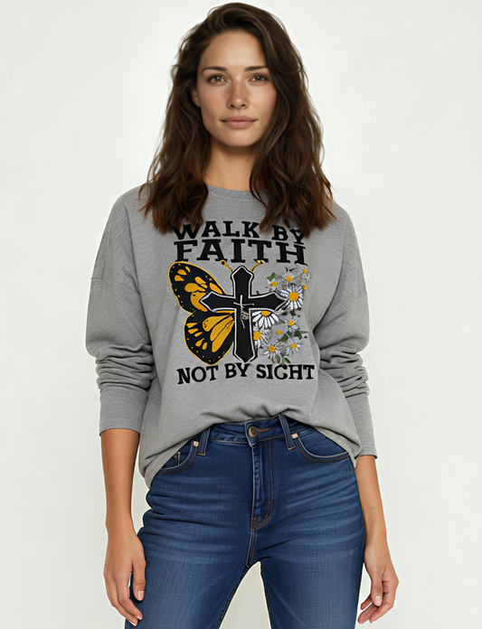 Walk by Faith Not by Sight Butterfly Long Sleeve Tee — Inspirational Christian Shirt