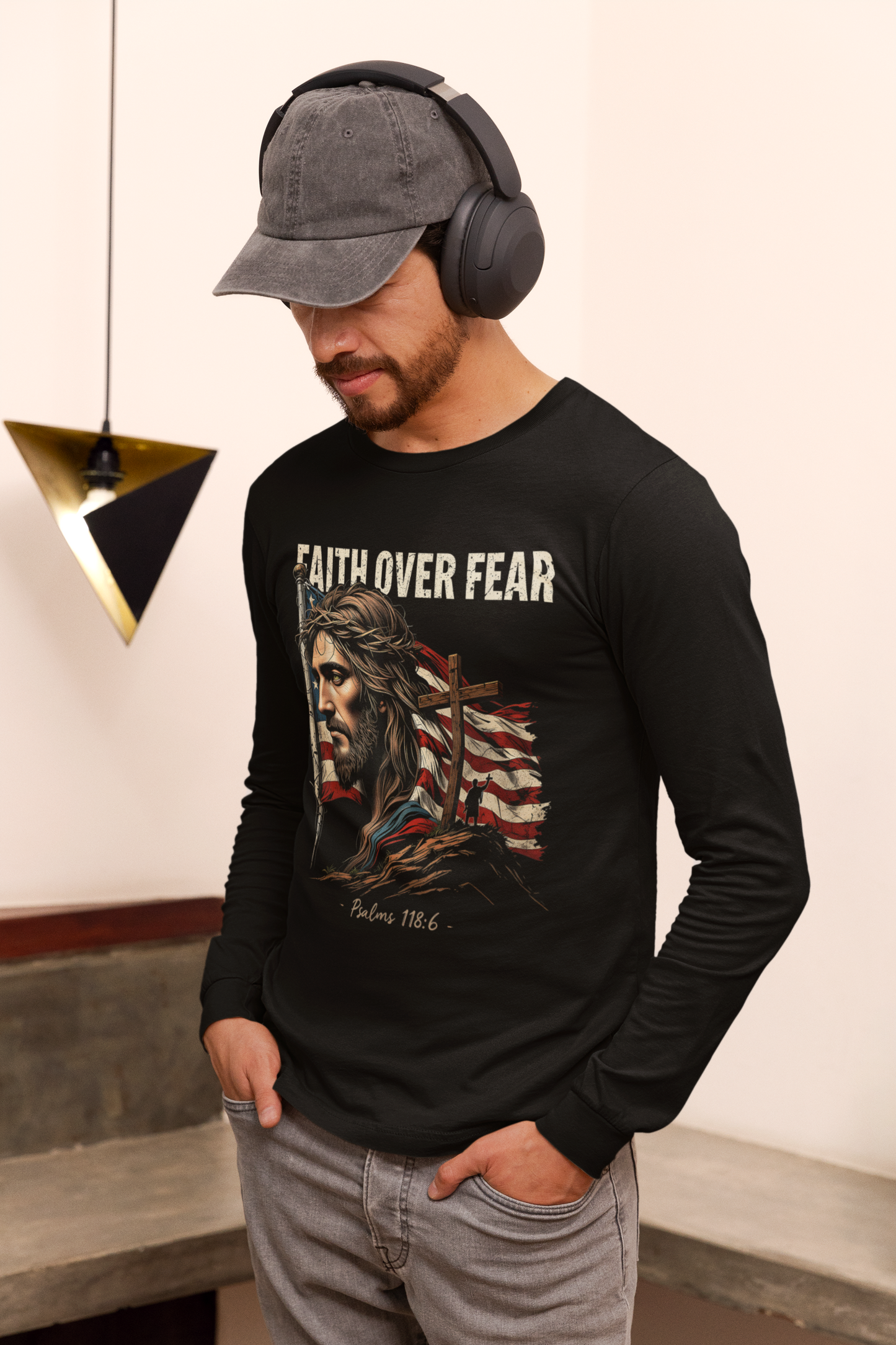 Faith Over Fear Jesus & American Flag Long Sleeve Tee