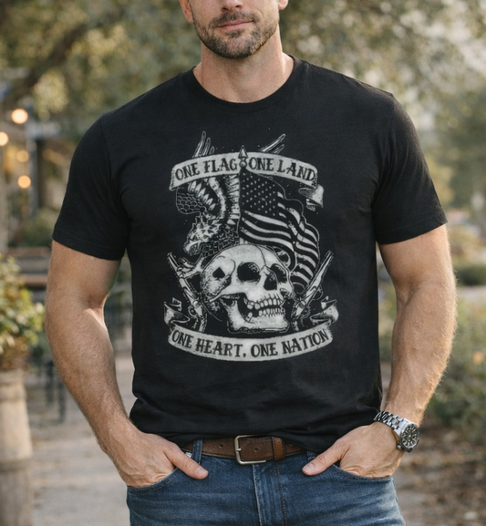 Patriotic Skull Tee — "One Flag, One Land, One Heart, One Nation"