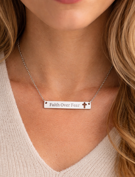 Faith Over Fear Cutout Cross Bar Necklace — Engraved Christian Pendant