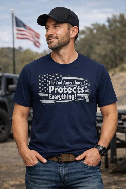 2nd Amendment T-Shirt — "The 2nd Amendment Protects Everything" Patriotic Flag Gun Tee