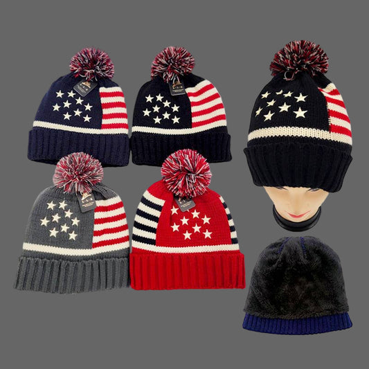 USA Flag Beanie with Pom Pom