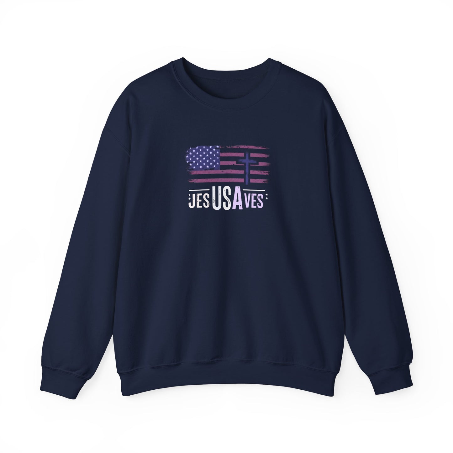 Jesus Saves American Flag Crewneck Sweatshirt — Faith Patriotic Pullover