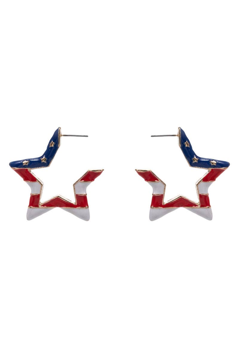 Star Enamel American Flag Post Pin Hoop Earrings