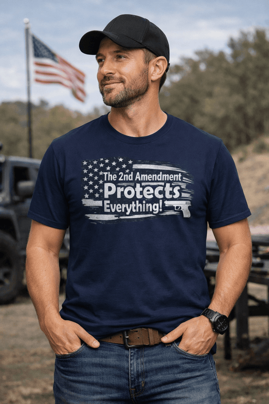 2nd Amendment T-Shirt — "The 2nd Amendment Protects Everything" Patriotic Flag Gun Tee - LiberTees for All