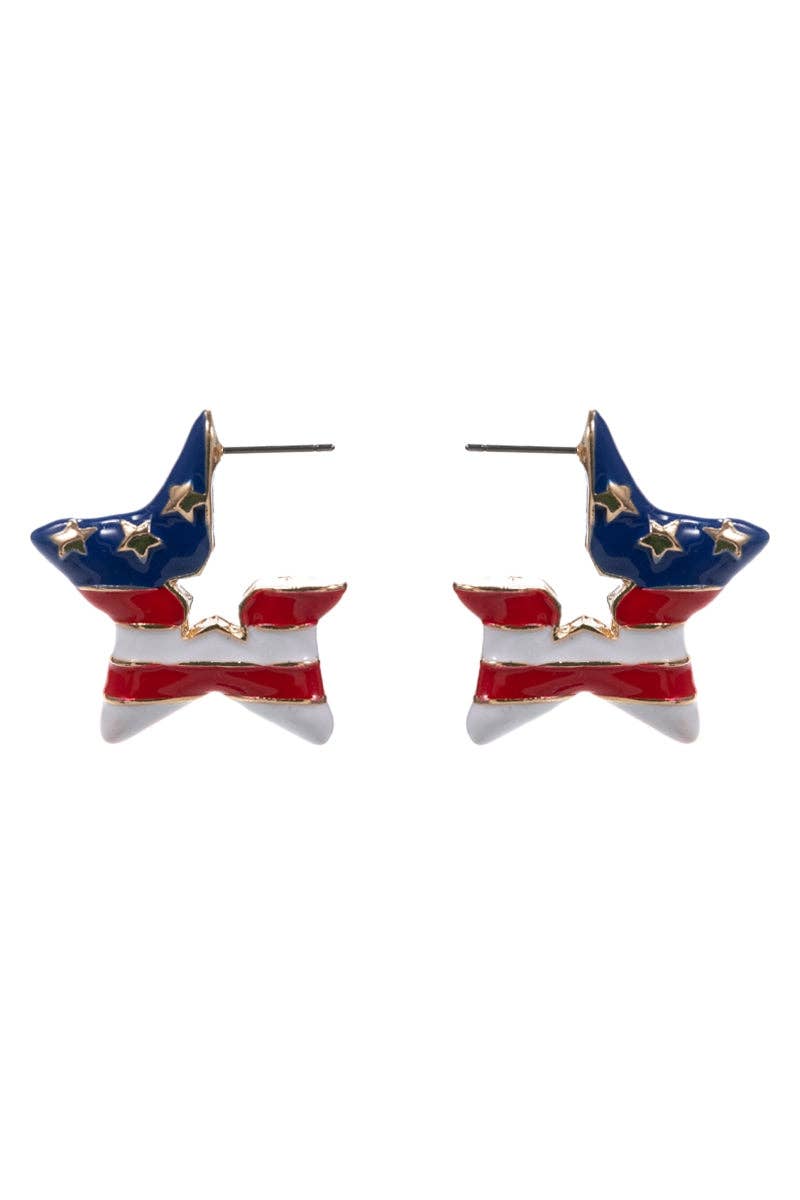 Star Enamel American Flag Post Pin Hoop Earrings