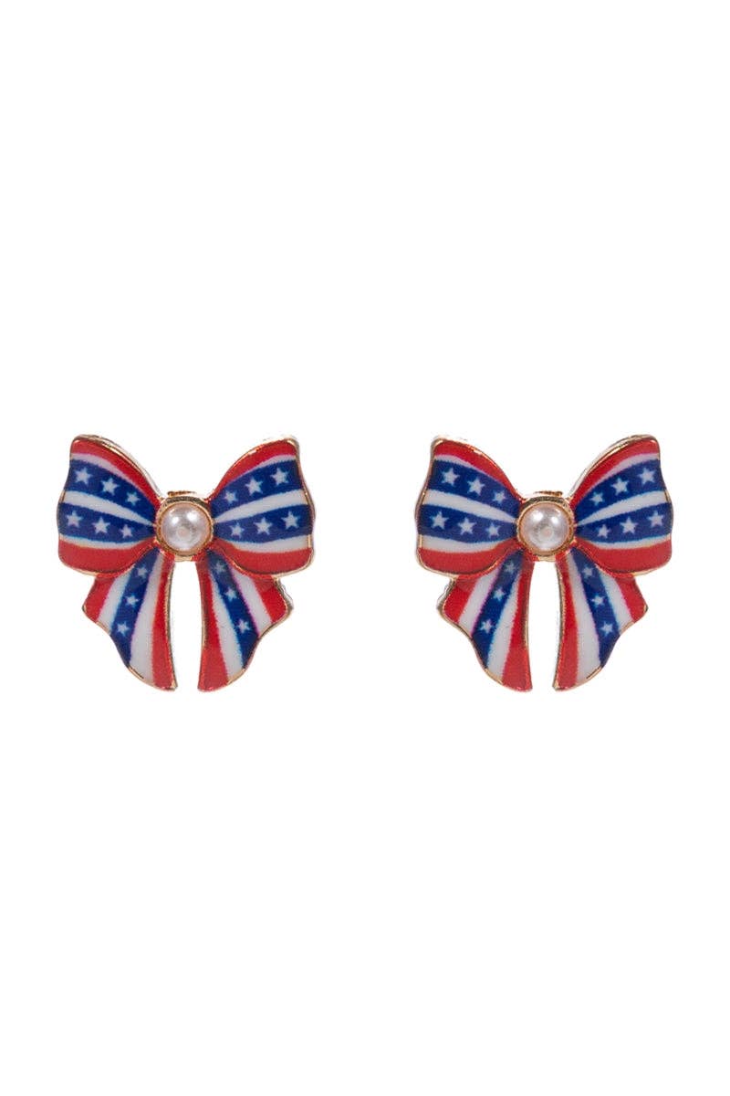 Bow Enamel American Flag Pattern Post Earrings