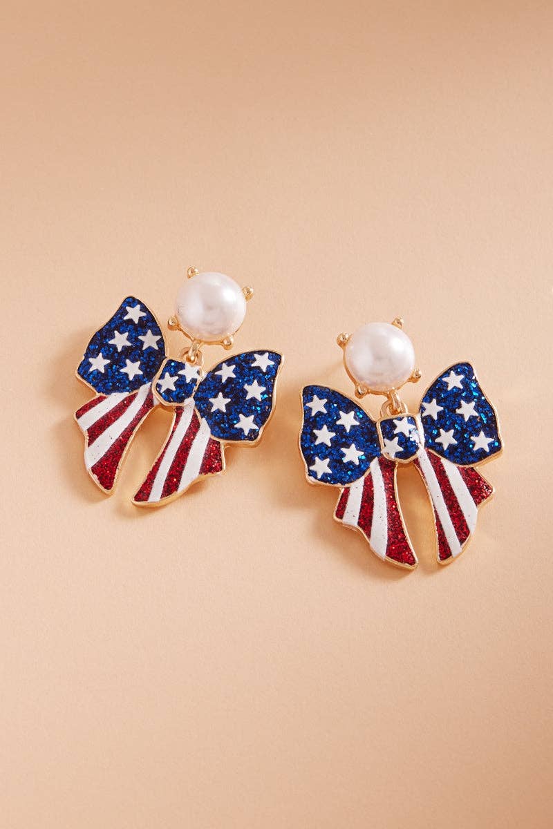 Bow Enamel American Flag Pattern Post Earrings