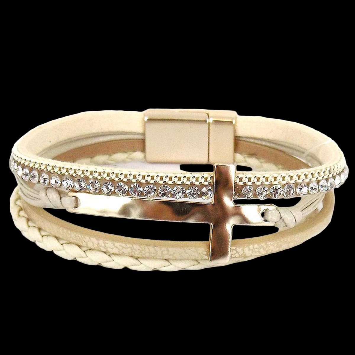 Hammered Cross Leather Strap Magnetic Bracelet