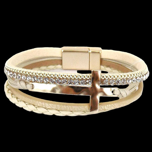 Hammered Cross Leather Strap Magnetic Bracelet