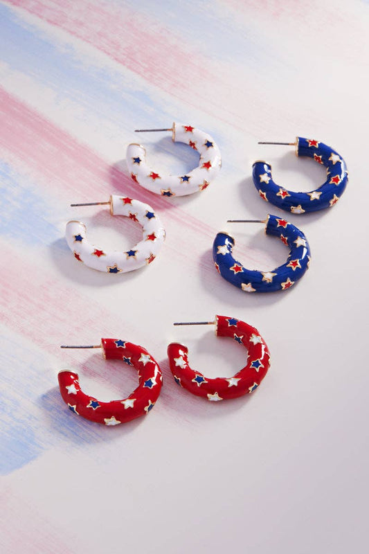 American Flag Color With Star Enamel Hoop Earrings