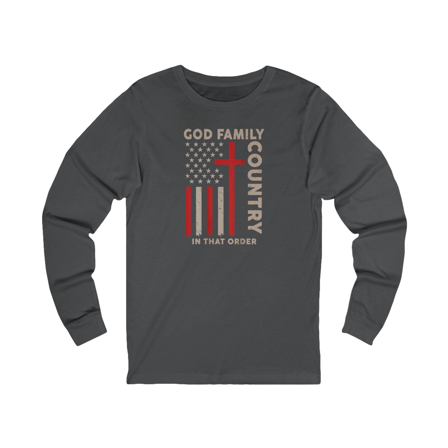 God Family Country Cross American Flag Long Sleeve Tee