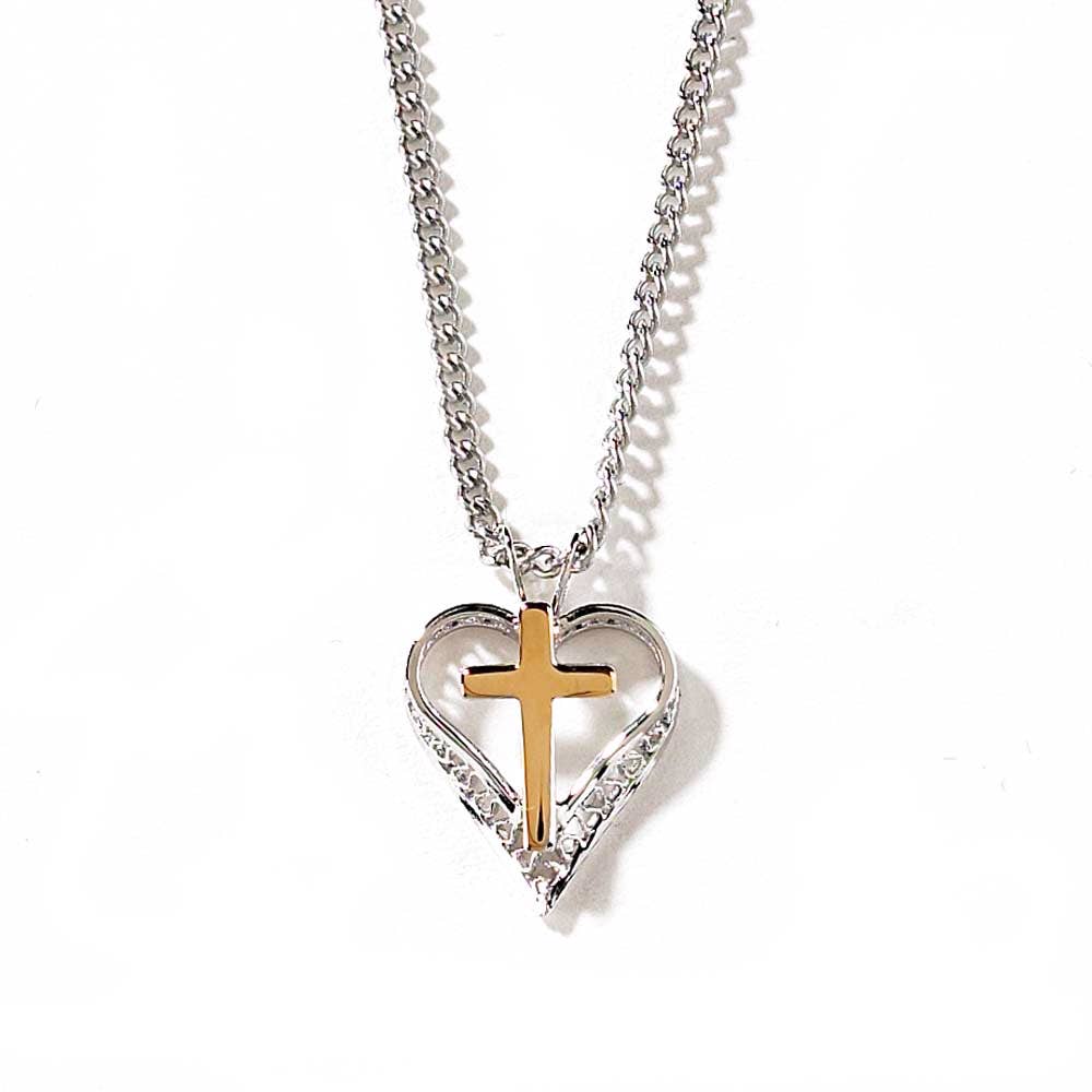 Silver Plated Filigree Heart With Gold Plated Cross Necklace