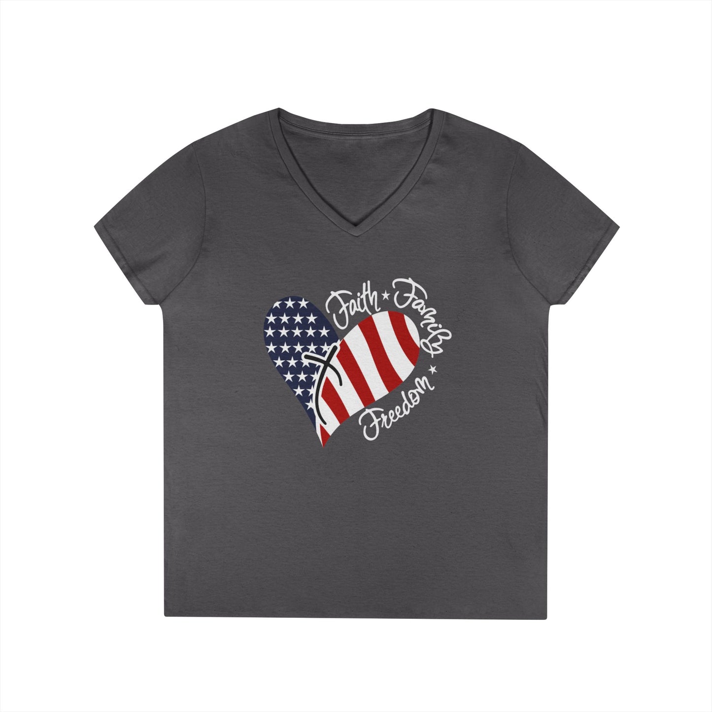 Patriotic V-Neck T-Shirt, Faith Family Freedom Tee, Women's Casual Top