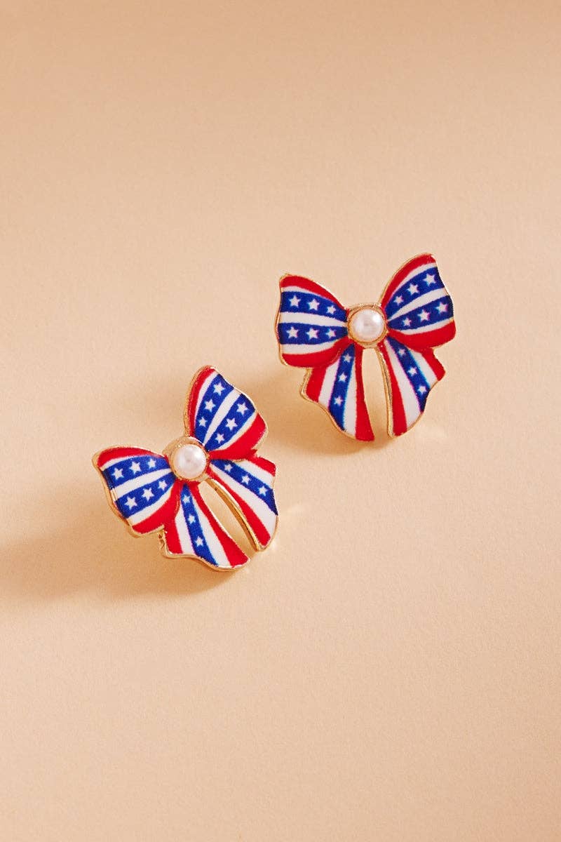 Bow Enamel American Flag Pattern Post Earrings