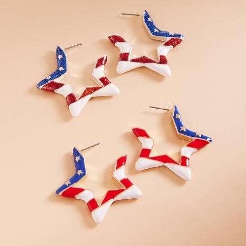 Star Enamel American Flag Post Pin Hoop Earrings