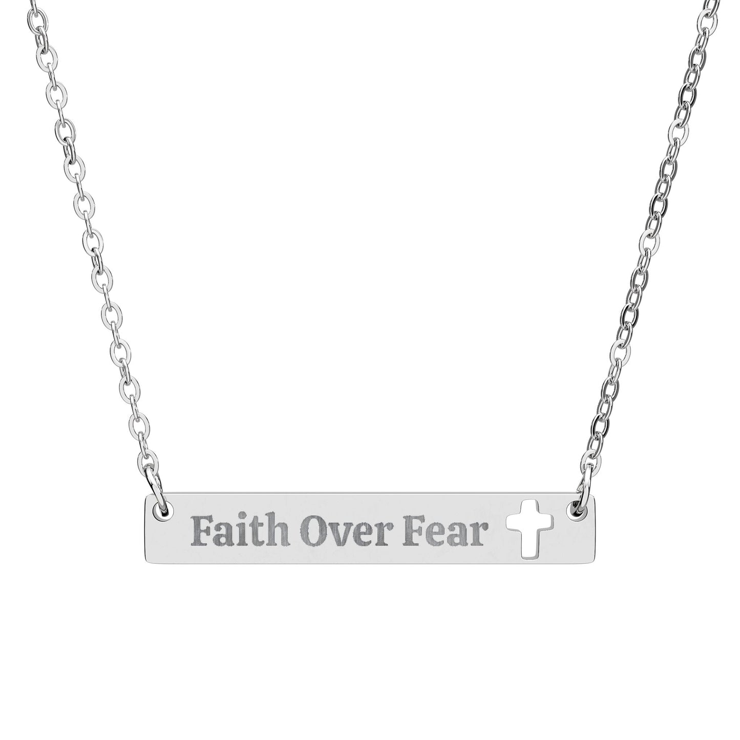 Faith Over Fear Cutout Cross Bar Necklace — Engraved Christian Pendant