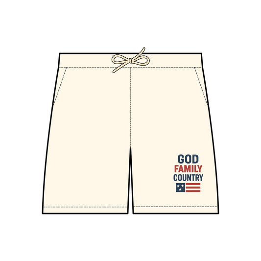God • Family • Country Fleece Sweat Shorts — Patriotic Casual Drawstring Shorts