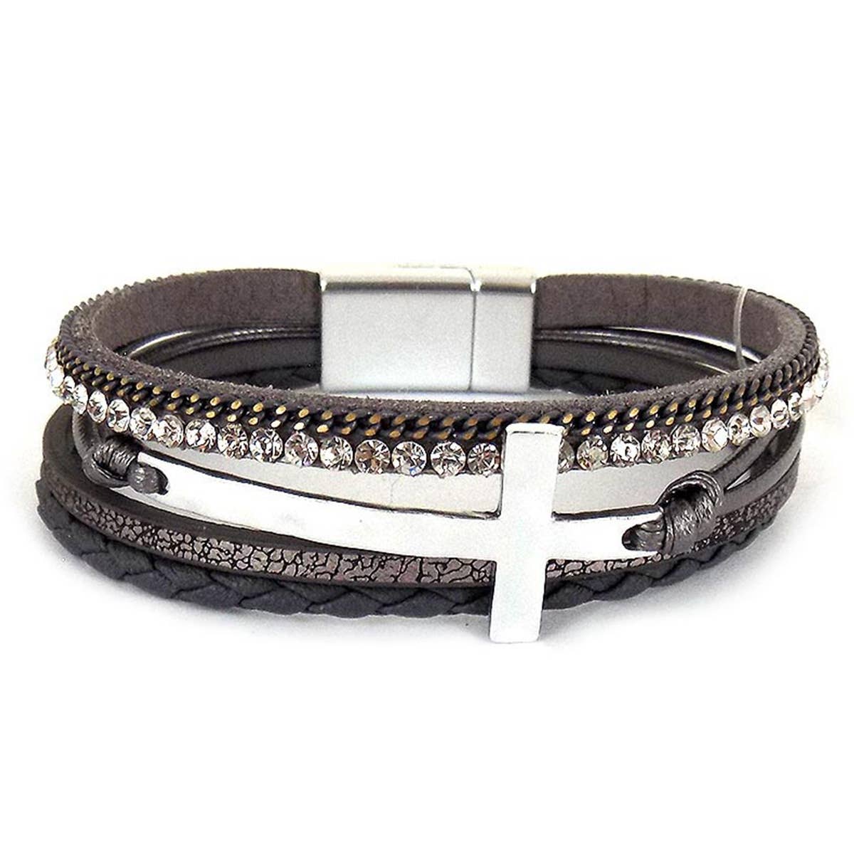 Hammered Cross Leather Strap Magnetic Bracelet