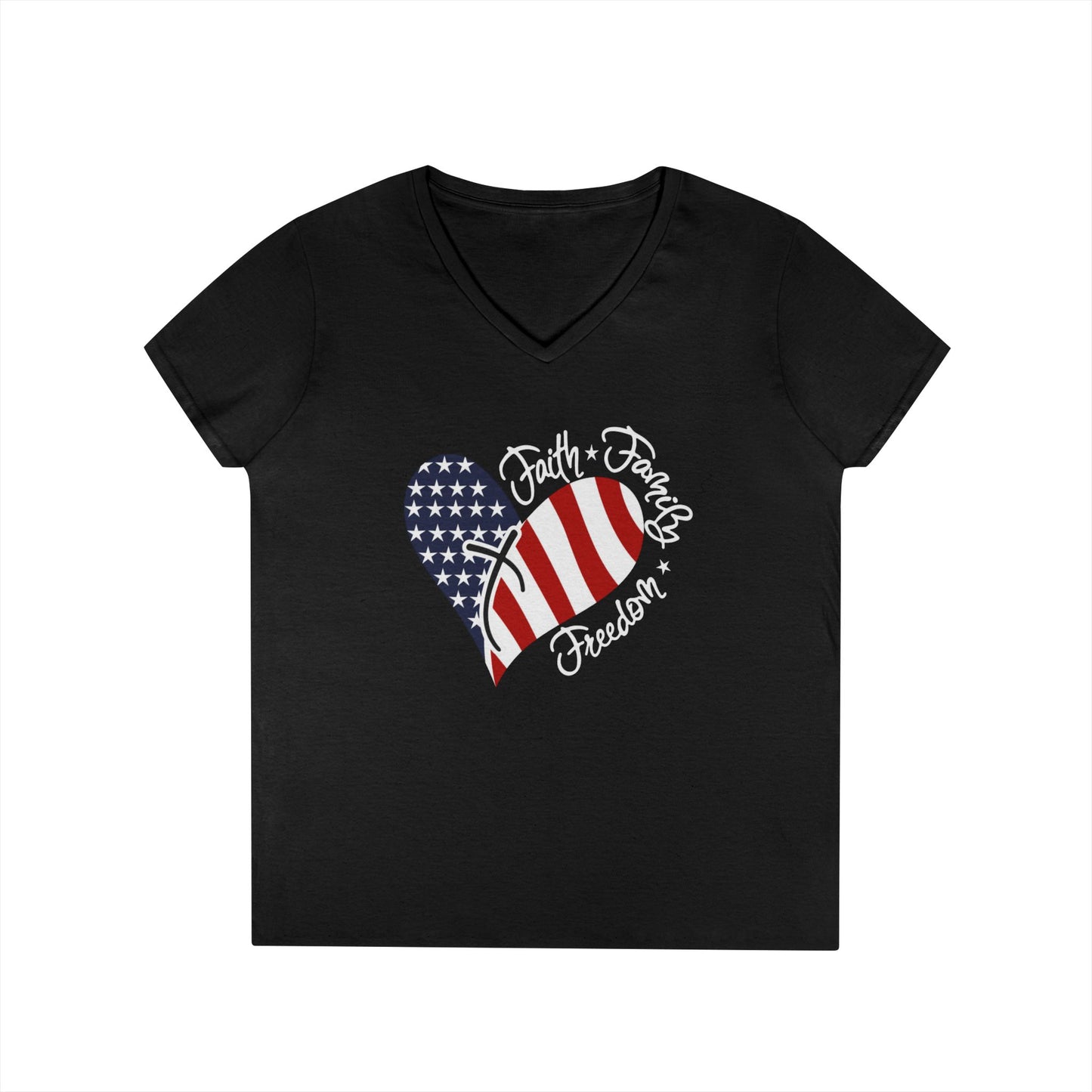 Patriotic V-Neck T-Shirt, Faith Family Freedom Tee, Women's Casual Top