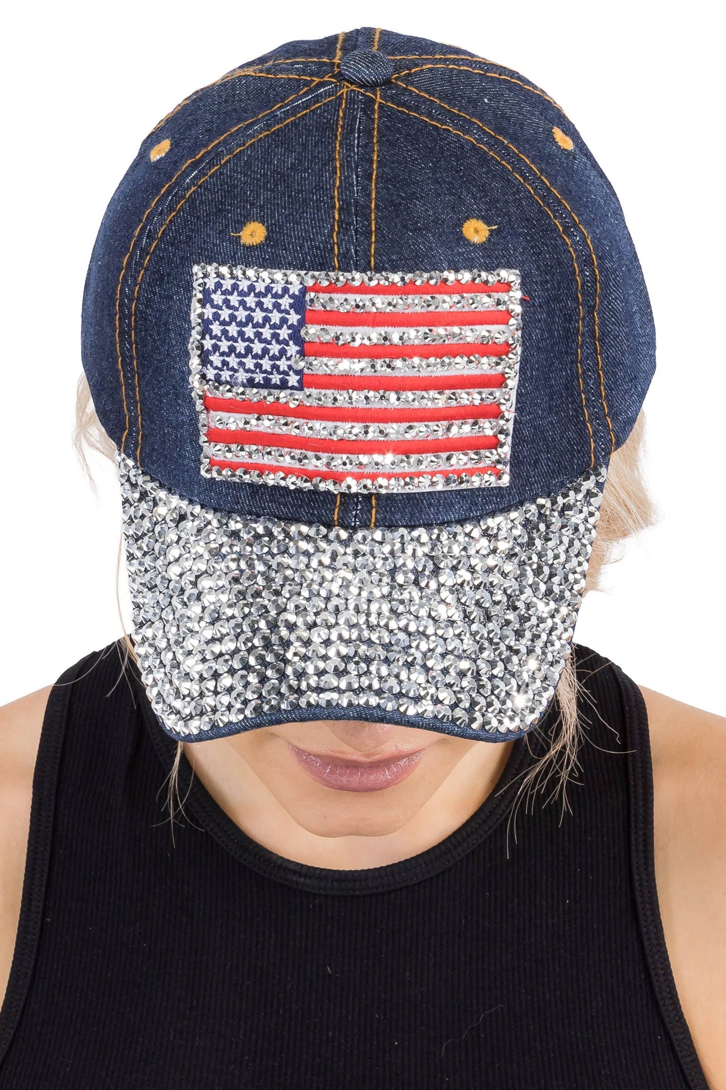 American Flag Bling Patch Denim Baseball Cap