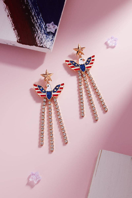 Eagle American Flag Enamel W Stone Post Earrings