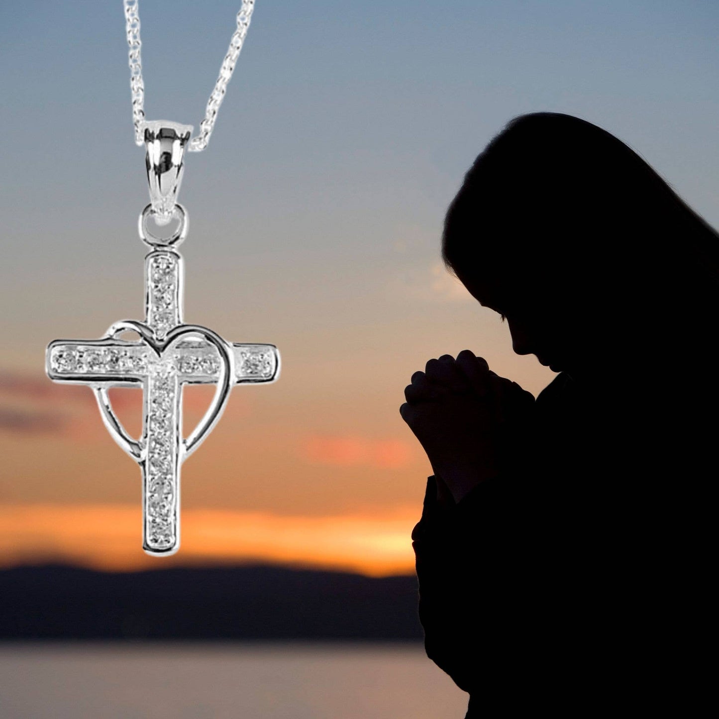 Silver Plated Cross Draped Heart Necklace