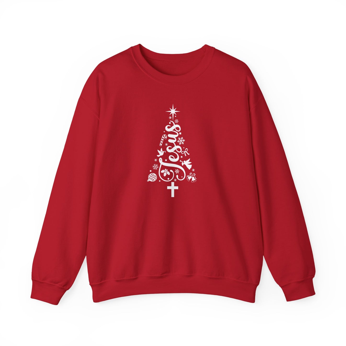 Christian Christmas Tree Sweatshirt | Faith Symbol Tree Design | Christian Holiday Crewneck | Red Christmas Sweater