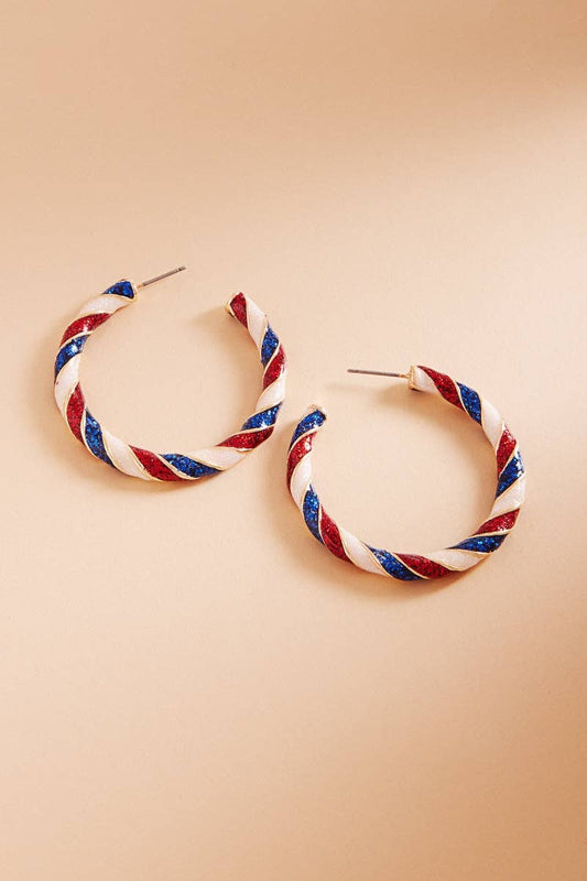 Round Enamel American Flag Post Pin Hoop Earrings