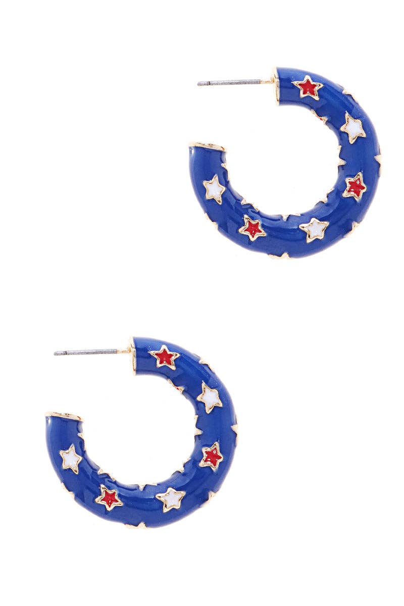American Flag Color With Star Enamel Hoop Earrings