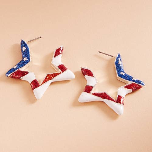 Star Enamel American Flag Post Pin Hoop Earrings