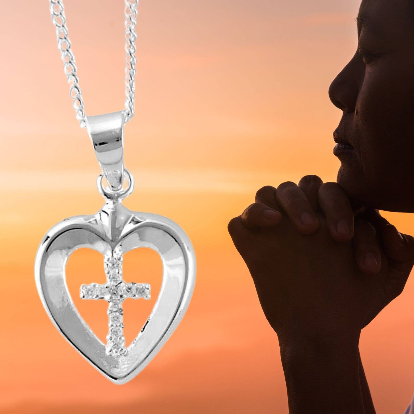 Silver Plated Heart Cross With Stones Necklace