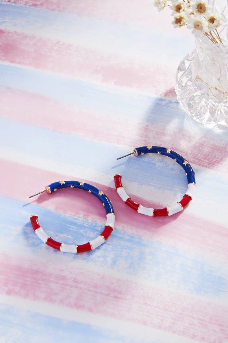 Round Shaped American Flag Enamel Hoop Earrings
