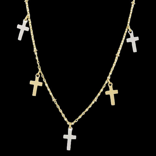 Multi Cross Drop Necklace  3 Metal Tones