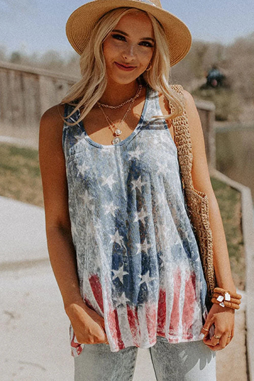 Blue Vintage Washed Flag Print Shift Tank Top - LiberTees for All